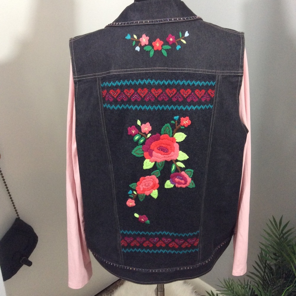 Embroidered Floral Denim Beaded Vest Sz. 12